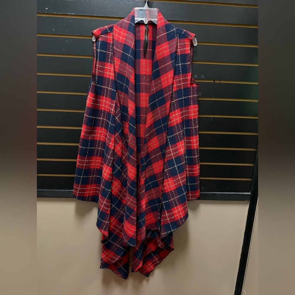 Renee C Plaid Waterfall Vest Red Navy S/M